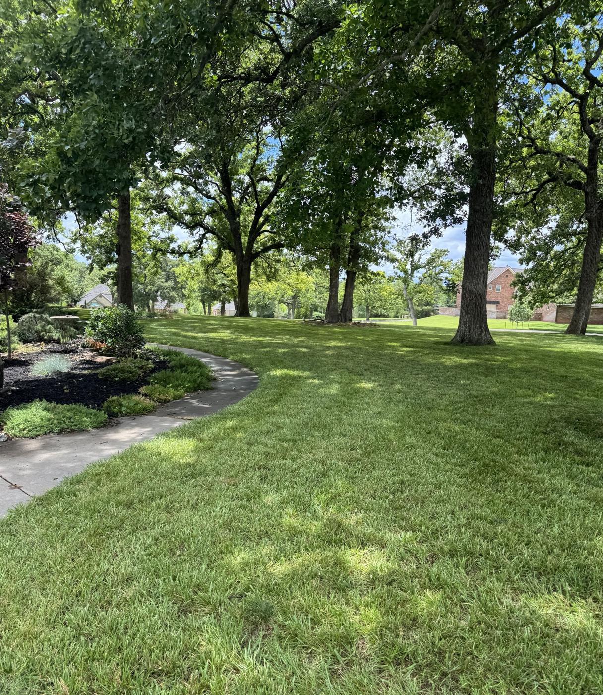 Freshly mowed lawn with a manicured walkway in Norman, OK